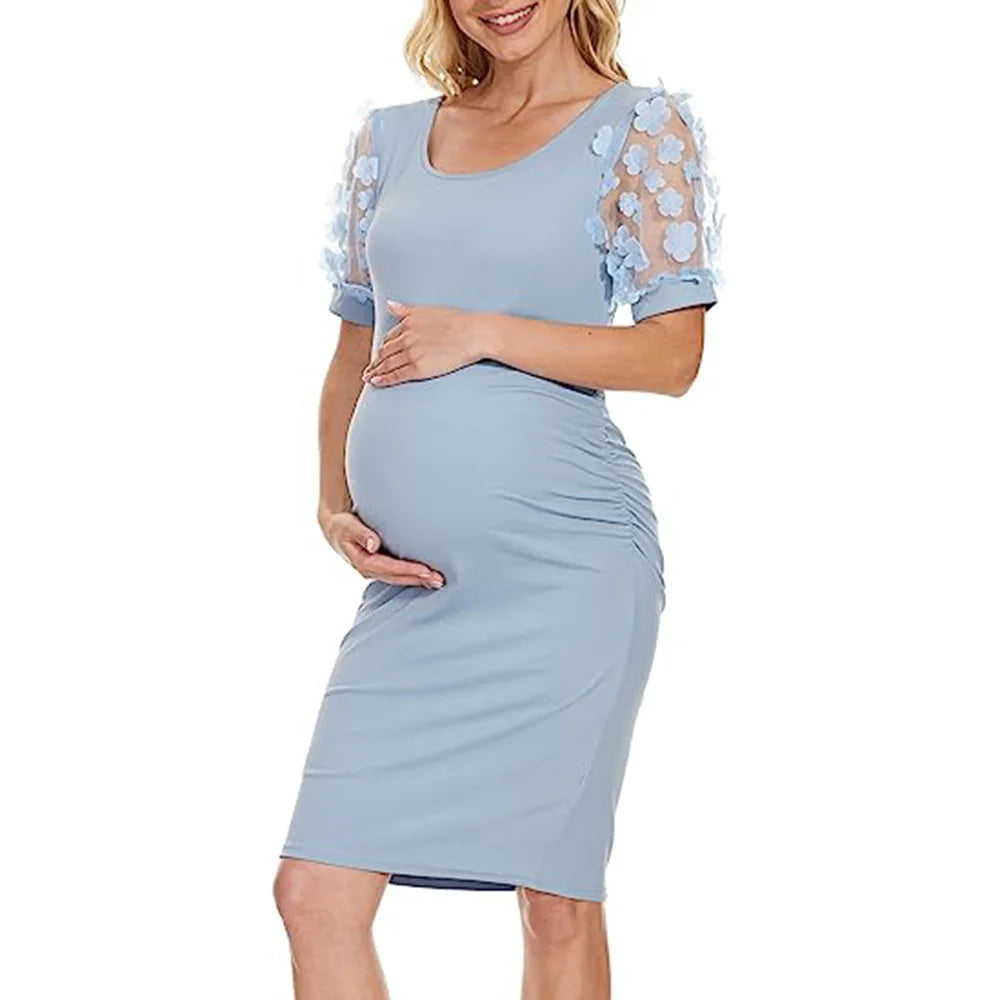 Women's Polyester O-Neck Short Sleeves Floral Maternity Dress