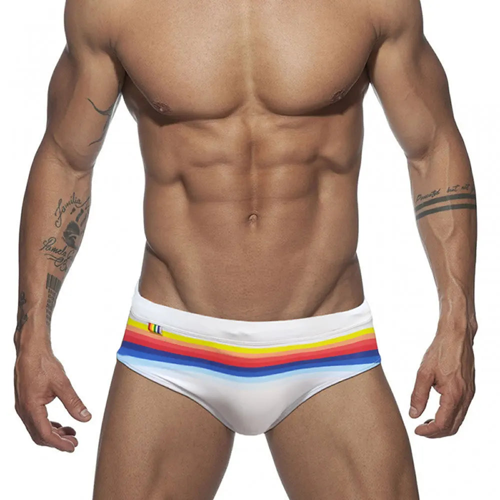 Men's Polyester Elastic Closure Striped Pattern Swimwear Brief