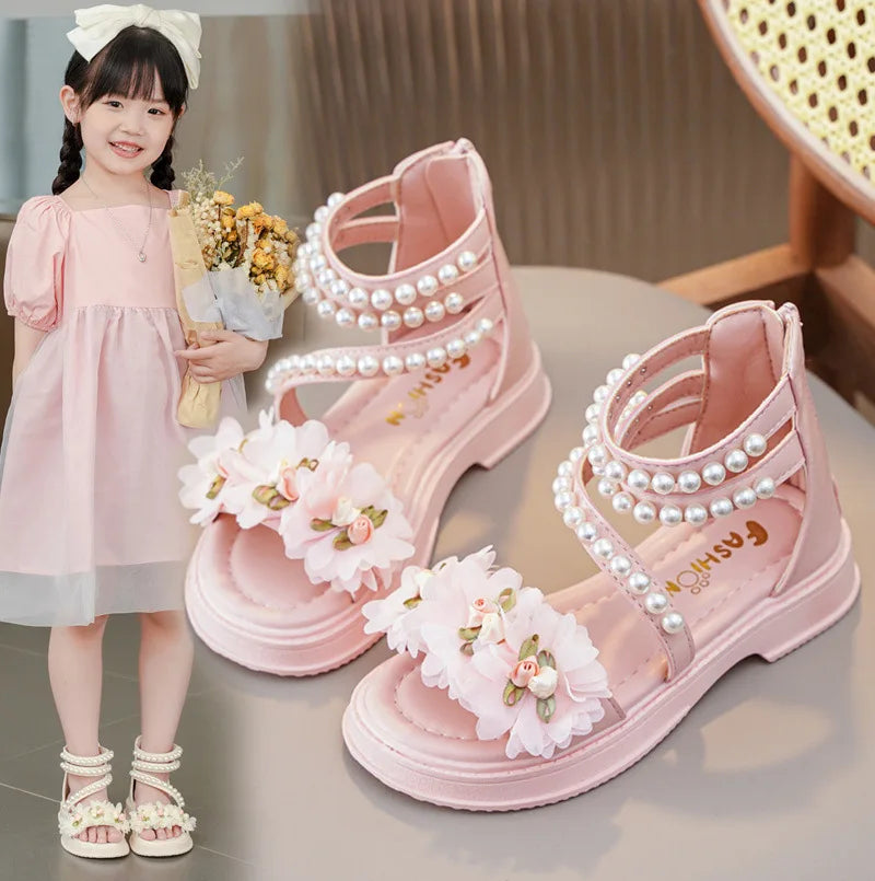 Kid's Synthetic Open Toe Beaded Pattern Hook Loop Closure Sandals