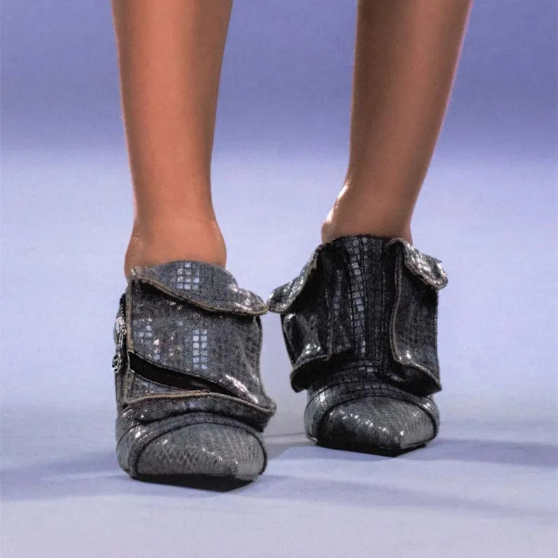 Women's Denim Pointed Toe Zip Closure High Heels Trendy Shoes