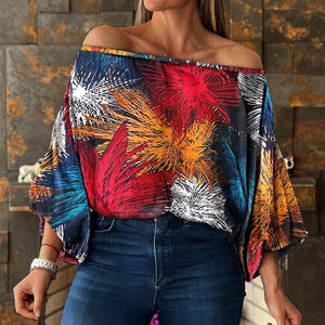 Women's Polyester Slash Neck Long Printed Pattern Casual Blouse