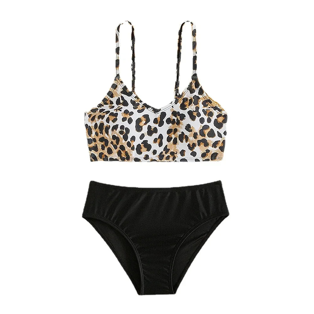 Kid's Polyester Leopard Pattern Two-Piece Trendy Swimwear Suit