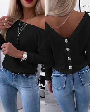 Women's Polyester Skew Neck Long Sleeves Solid Pattern Blouse