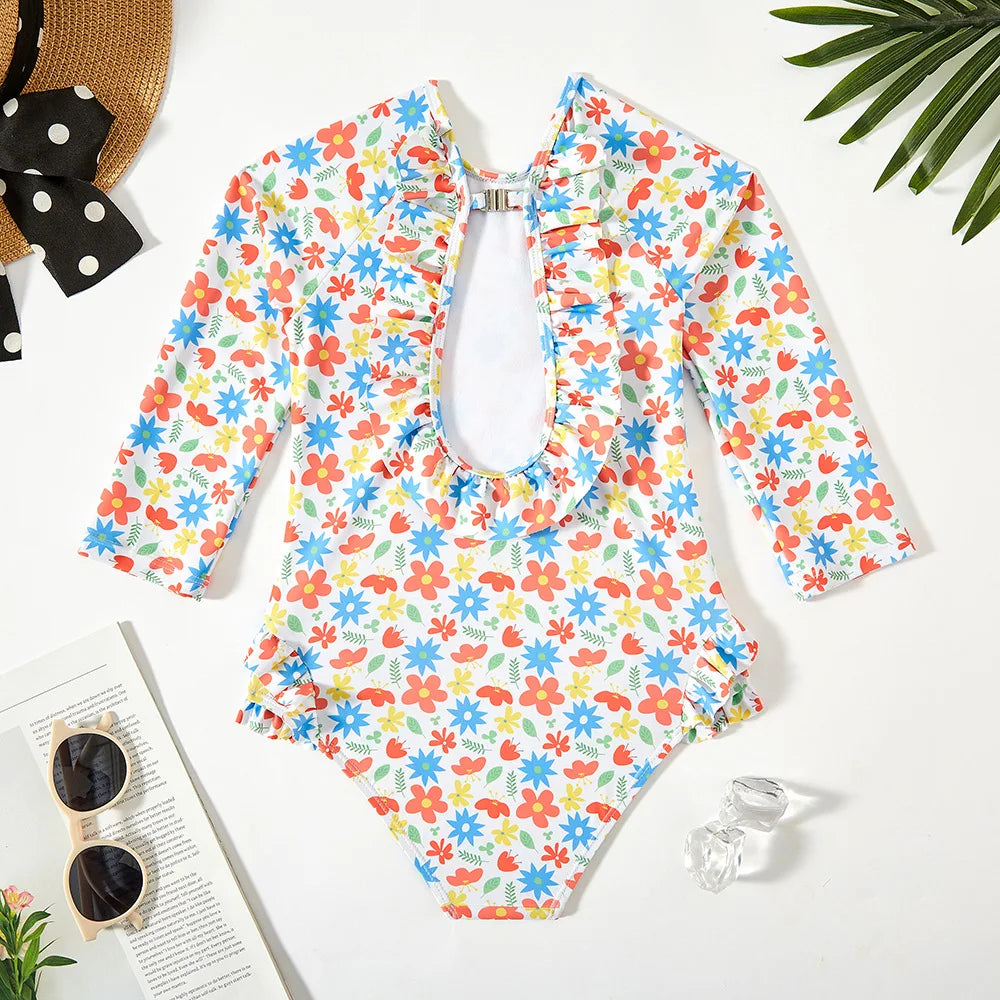 Kid's Polyester O-Neck Floral Pattern Trendy Bathing One-Piece