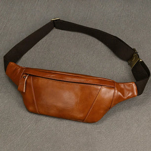 Men's Genuine Leather Solid Pattern Zipper Closure Waist Pack