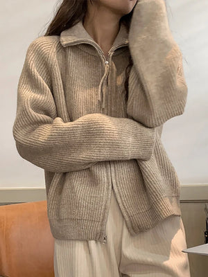 Women's Polyester Turn-Down Collar Full Sleeves Solid Cardigan