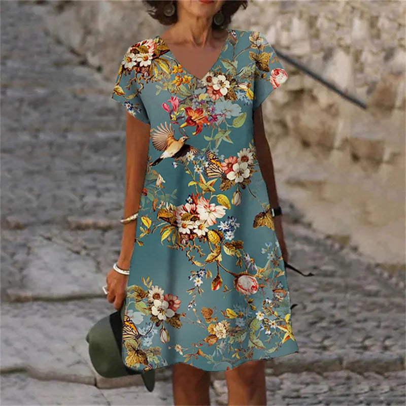 Women's Polyester V-Neck Short Sleeves Mini Casual Floral Dress