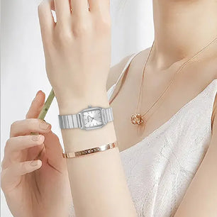 Women's Stainless Steel Hook Buckle Clasp Rectangle Quartz Watch