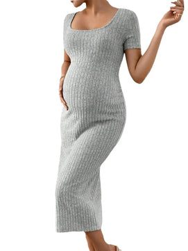 Women's Polyester Square-Neck Short Sleeves Solid Maternity Dress