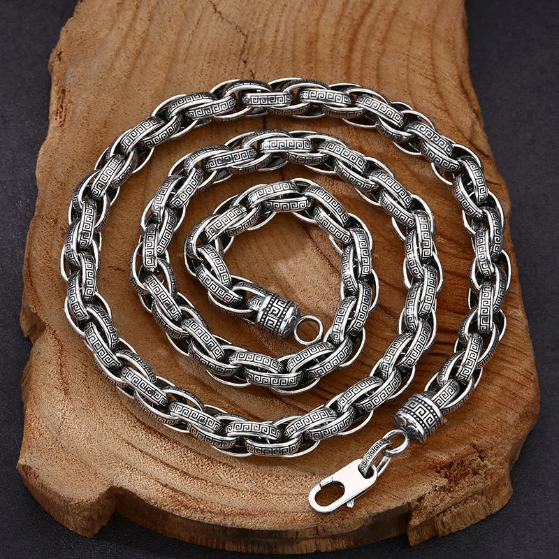 Men's 925 Sterling Silver Link Chain Geometric Pattern Necklace