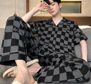 Men's Cotton Turn-Down Collar Short Sleeve Plaid Sleepwear Set