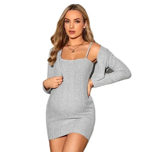 Women's Cotton Square-Neck Long Sleeves Solid Maternity Dress