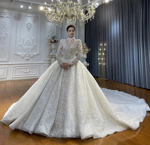 Women's High-Neck Long Sleeve Sweep Train Ball Gown Wedding Dress