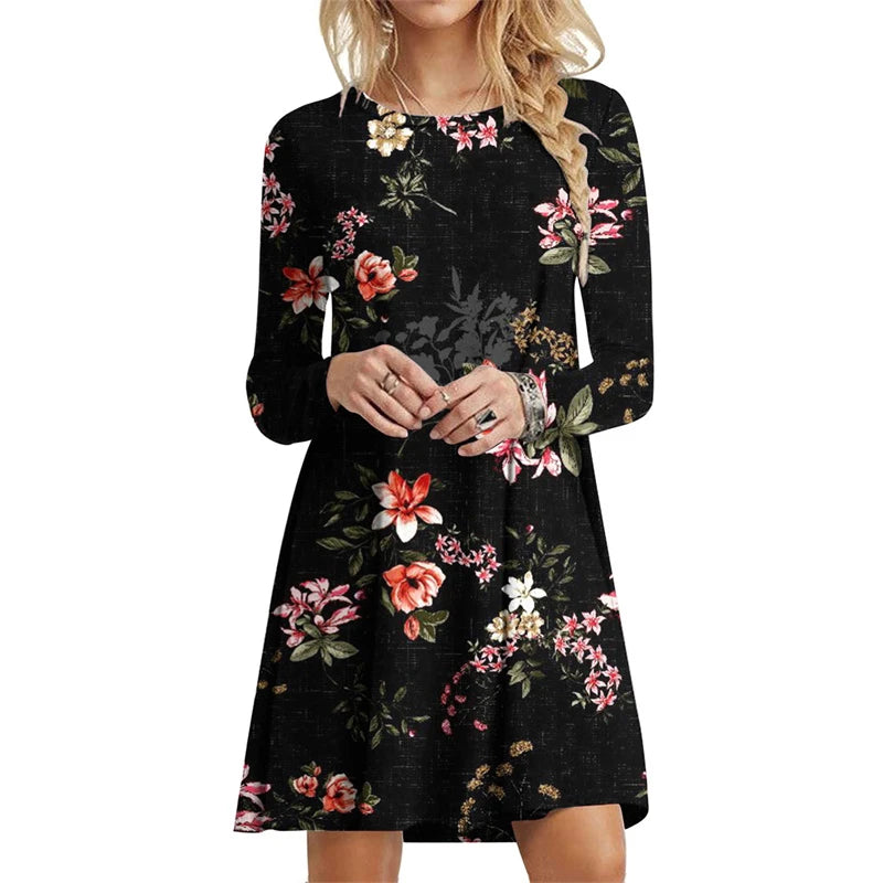 Women's Polyester O-Neck Long Sleeves Mini Casual Floral Dress