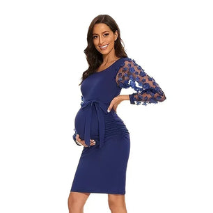 Women’s Polyester O-Neck Long Sleeves Floral Maternity Dress