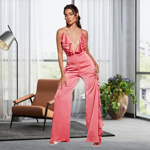 Women's Polyester V-Neck Sleeveless Ruffle Pattern Jumpsuit