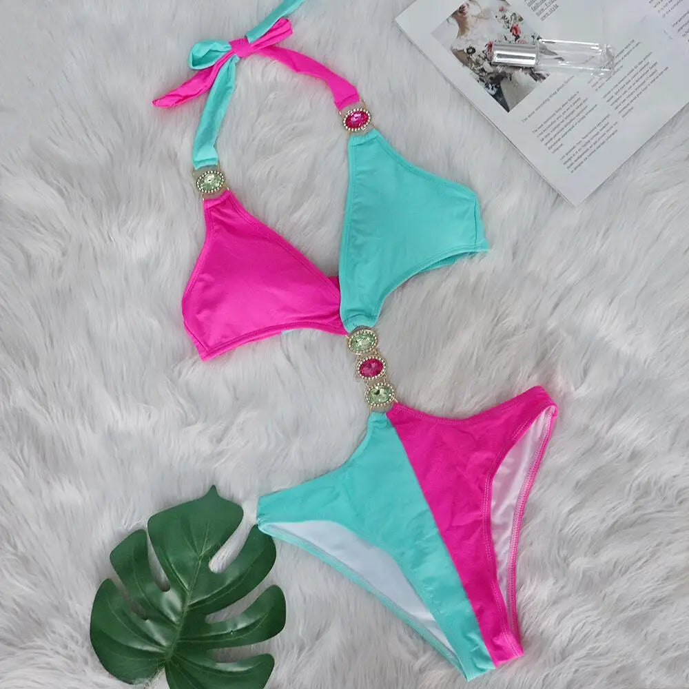 Women's Polyester V-Neck Mid Waist Mixed Color Bathing Bikini Set