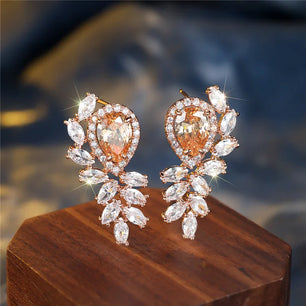 Women's Copper Cubic Zirconia Trendy Bridal Wedding  Stud Earrings