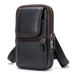 Men's Genuine Leather Zipper Closure Solid Pattern Shoulder Bag