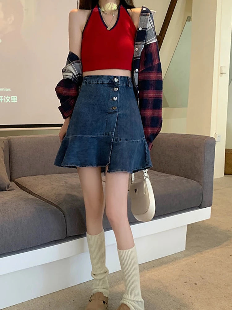 Women's Polyester High Waist Solid Pattern Casual Denim Skirts