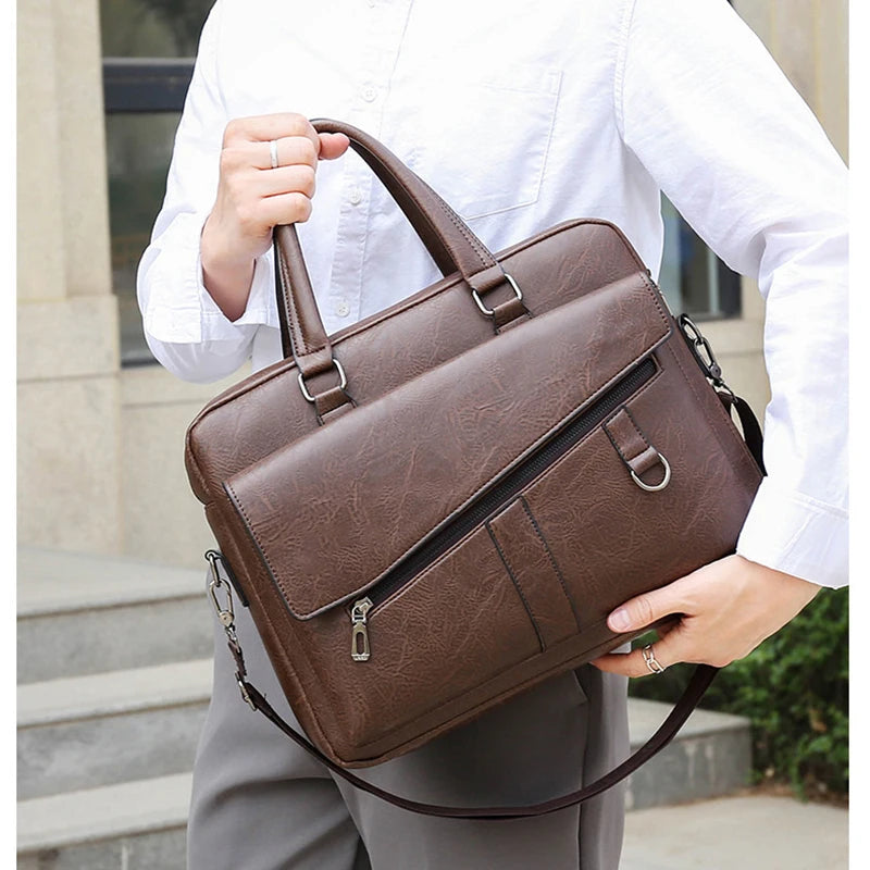 Men's PU Leather Zipper Closure Solid Pattern Elegant Shoulder Bag