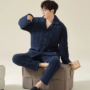 Men's Flannel Turn-Down Collar Full Sleeves Sleepwear Pajamas Set