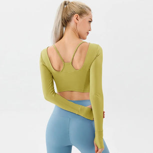 Women's Spandex Long Sleeves Plain Pattern Backless Gym Shirt