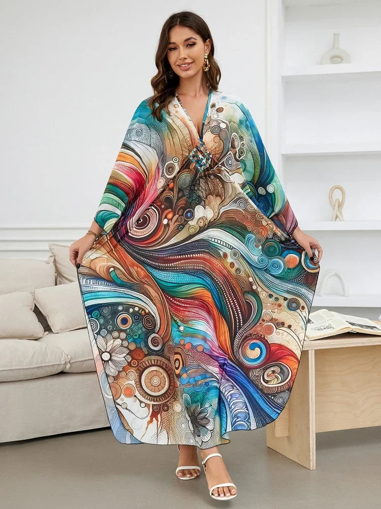 Women's Polyester V-Neck Long Sleeve Printed Pattern Maxi Dress