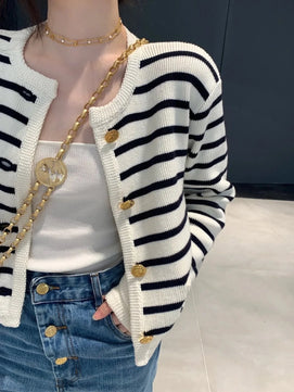 Women's Cotton Long Sleeve Single Breasted Striped Cardigan