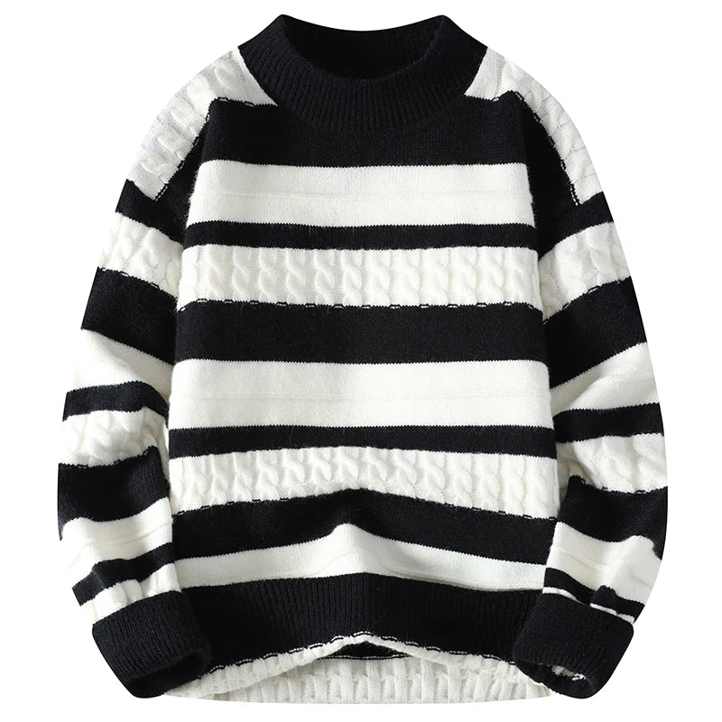 Men's Polyester Full Sleeve Striped Pattern Pullover Casual Sweater
