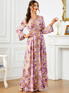 Women's Arabian Polyester Full Sleeves Floral Pattern Dress