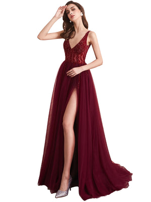 Women's Polyester V-Neck Sleeveless Beading Evening Party Dress