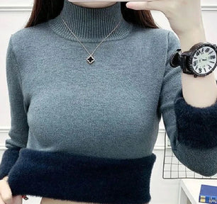 Women's Acrylic High-Neck Long Sleeve Pullover Casual Sweater