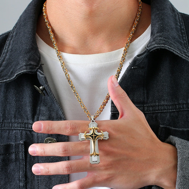 Men's 100% Stainless Steel Link Chain Cross Pendant Necklace