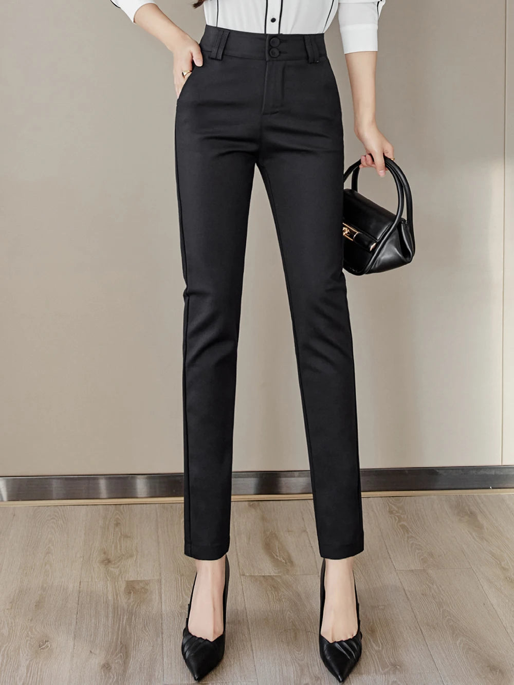 Women's Cotton High Waist Zipper Fly Closure Solid Pattern Pants