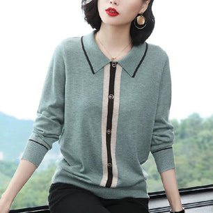 Women's Polyester Turn-Down Collar Full Sleeves Casual Sweater