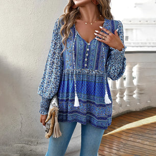 Women's Polyester V-Neck Long Sleeves Printed Pattern Casual Tops