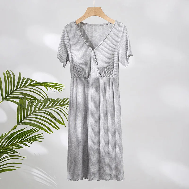 Women’s Cotton V-Neck Short Sleeves Solid Pattern Maternity Dress