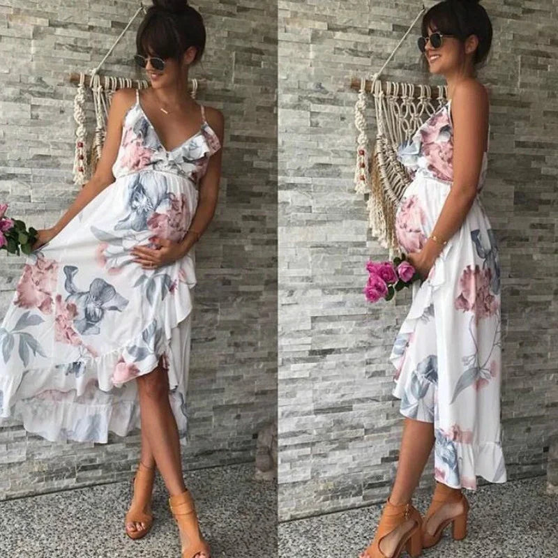 Women's Cotton V-Neck Sleeveless Floral Pattern Maternity Dress