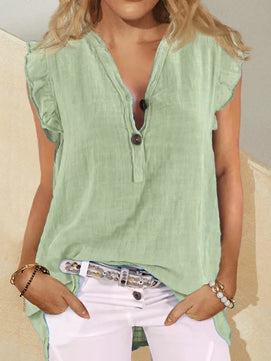 Women's V-Neck Cotton Sleeveless Solid Pattern Pullover Blouses