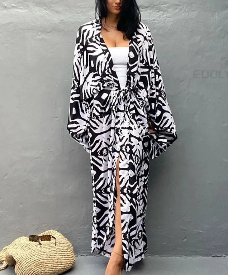 Women's Polyester Long Sleeves Printed Pattern Bathing Cover Up