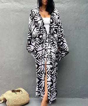 Women's Polyester Long Sleeves Printed Pattern Bathing Cover Up