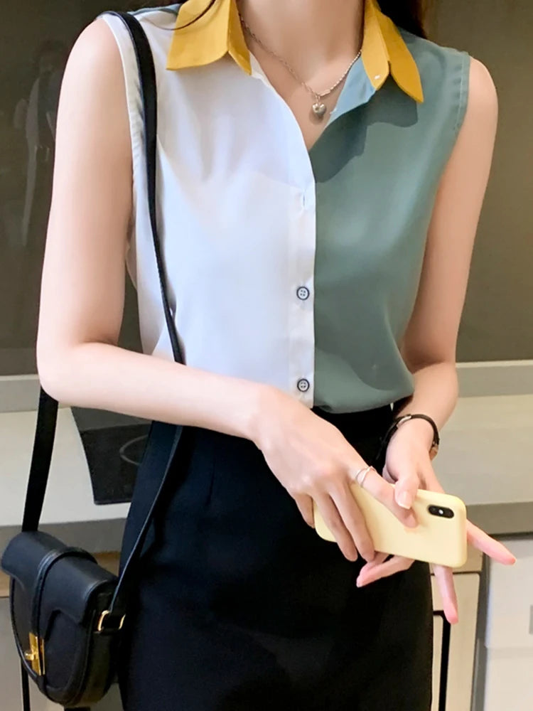 Women's Polyester Turn-Down Collar Sleeveless Casual Wear Blouse