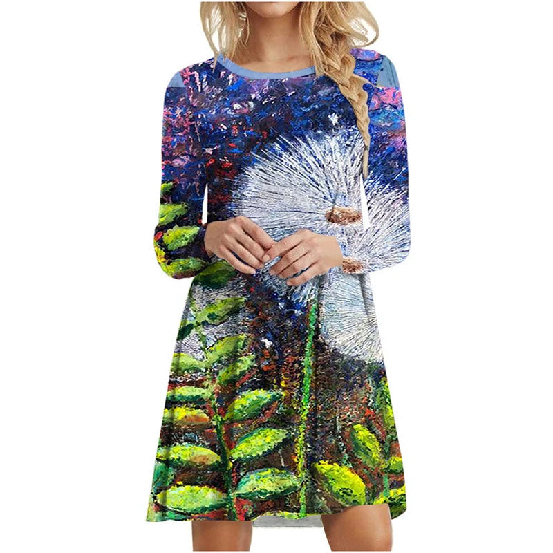 Women's Polyester O-Neck Long Sleeves Mini Casual Printed Dress