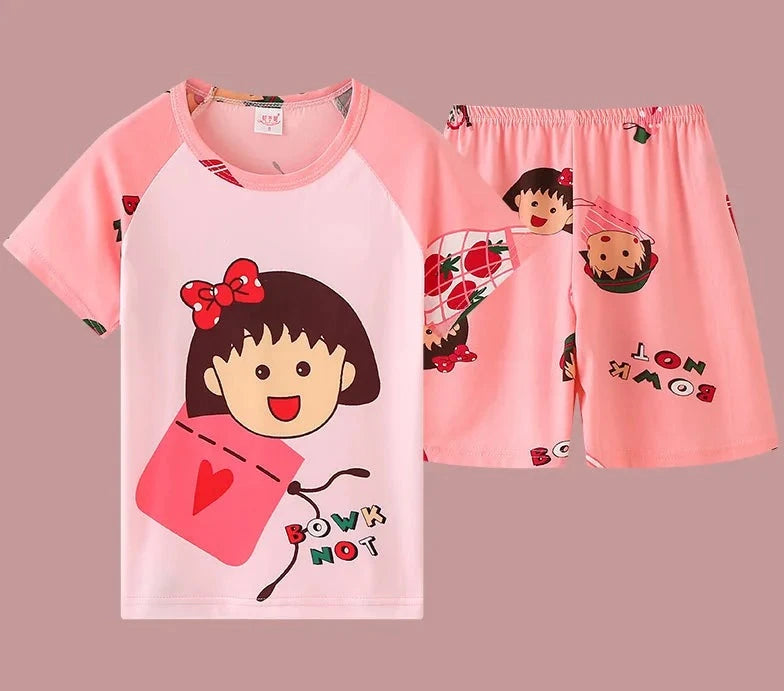 Kid's Polyester O-Neck Short Sleeve Cartoon Pattern Sleepwear Set