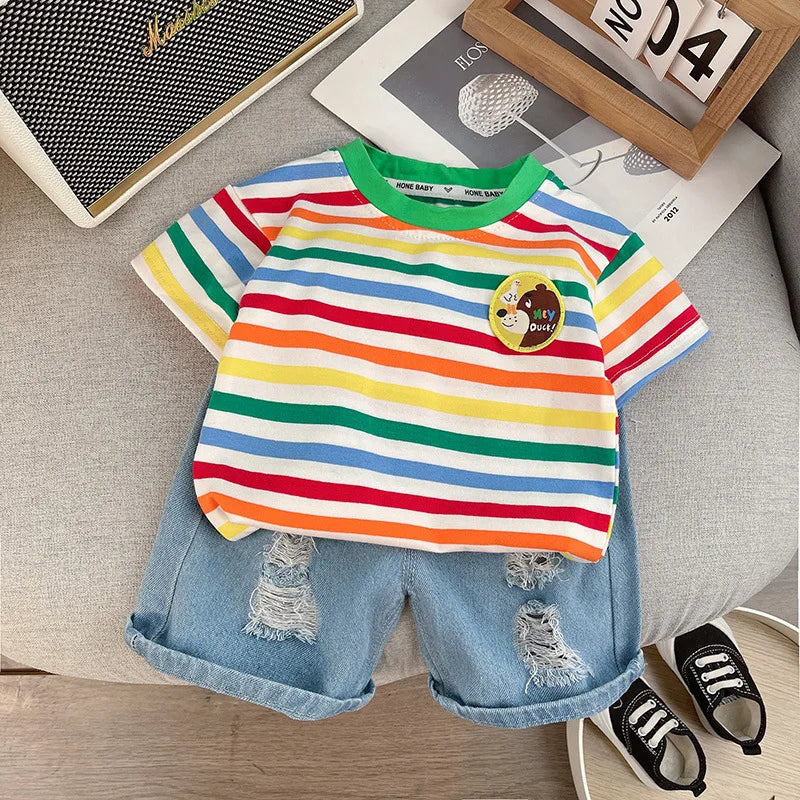 Kid's Boy Cotton O-Neck Short Sleeves Swimwear Two-Piece Suit