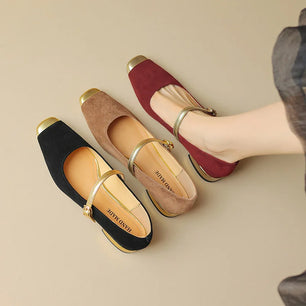 Women's Suede Square Toe Buckle Strap Closure Flat Party Shoes