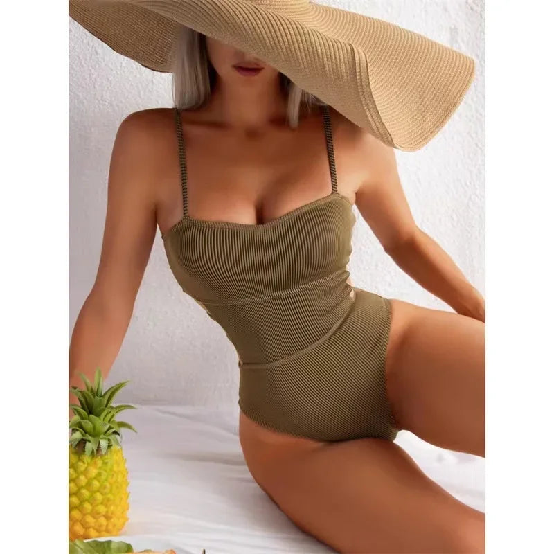 Women's Polyester High Waist Solid Pattern Bathing One-Piece