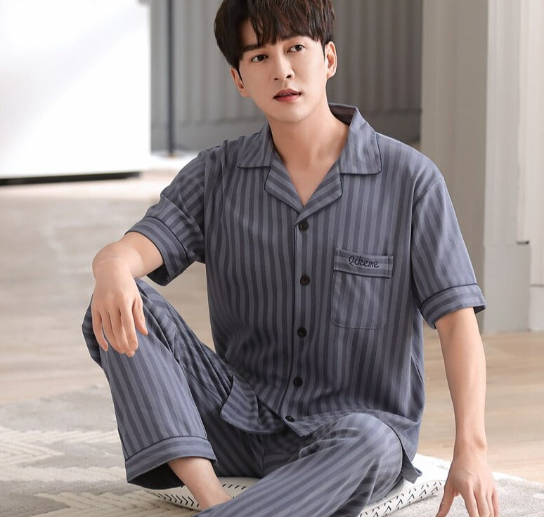 Men's Cotton Short Sleeves Elastic Waist Sleepwear Pajamas Set