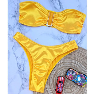 Women's Nylon Mid Waist Swimwear Solid Pattern Trendy Bikini Set